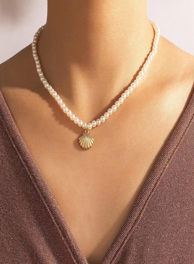 TACBSP Pearl Choker Necklace for Women Gold Starfish Necklace Sea Shell Necklace Summer Beach Necklace for Women Jewelry (Shell) - Image 2